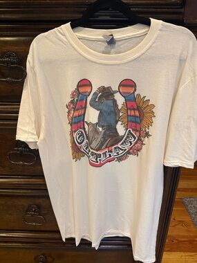 White Graphic Cowboy Horseshoe Tee with Floral Accents and Bling